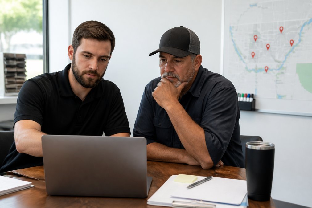 A roofing company owner and a sales representative reviewing lead scores on a laptop screen in a bright office, with a whiteboard showing a neighborhood map with pins in the background