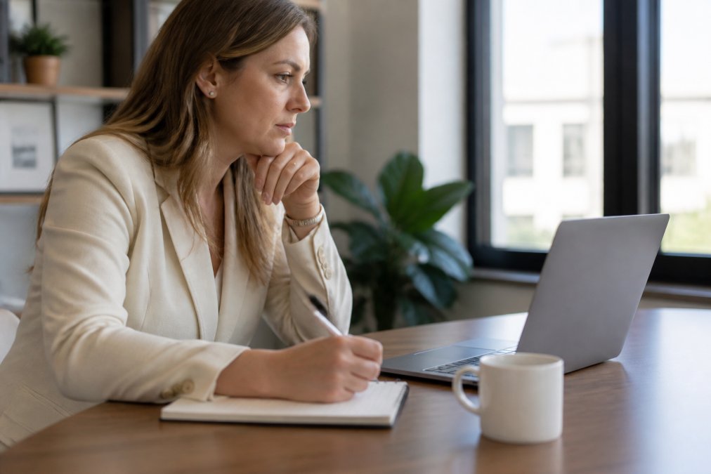 A business professional at a desk reviewing email templates on a laptop screen, with a notepad and coffee nearby, in a bright office setting