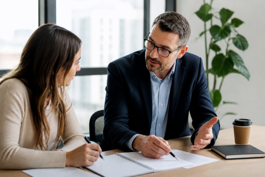 Sales manager and team member in one-on-one coaching session at desk, reviewing performance notes and discussing behavioral strengths in modern office setting with natural window lighting