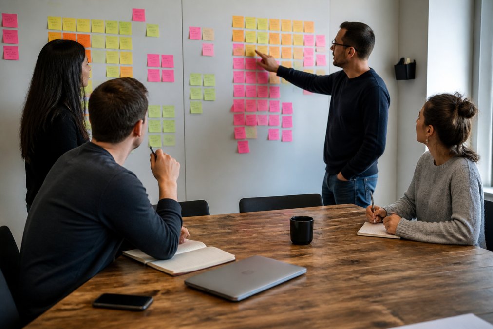 A sales team gathered around a large whiteboard covered in sticky notes and account names, one person pointing at a cluster of notes while others take notes on laptops