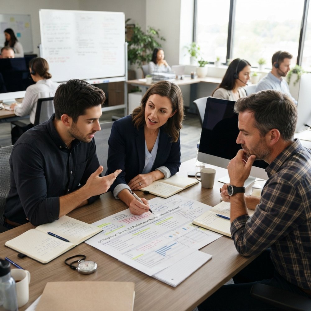 Sales team members reviewing response time metrics on a desktop monitor in a modern office, discussing SLA targets and performance data with notebooks on the desk