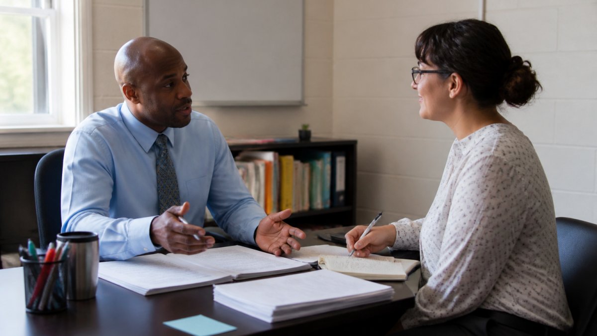 Principal discussing school staff performance metrics with a teacher during a one-on-one office feedback session.