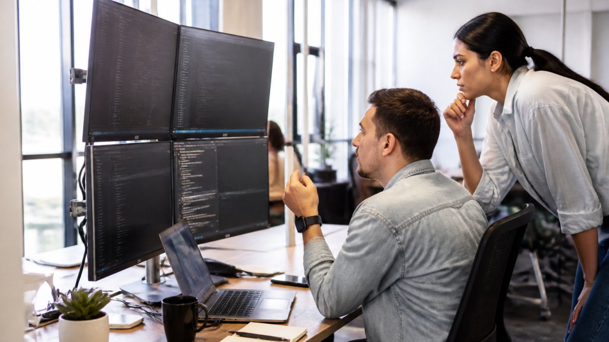 Technical team analyzing site performance enterprise ecommerce metrics on office monitors