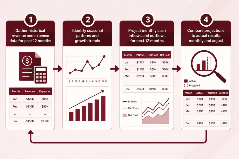 Flowchart showing 4-step cash flow forecasting process: Step 1 - Gather historical revenue and expense data for past 12 months, Step 2 - Identify seasonal patterns and growth trends, Step 3 - Project monthly cash inflows and outflows for next 12 months, Step 4 - Compare projections to actual results monthly and adjust