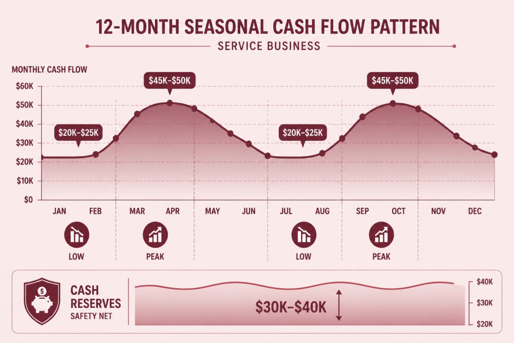 Timeline chart showing 12-month seasonal cash flow pattern for a typical service business: peaks in March-April and September-October generating $45K-$50K monthly, dips in January-February and July-August generating $20K-$25K monthly, with cash reserves buffer of $30K-$40K illustrated as safety net