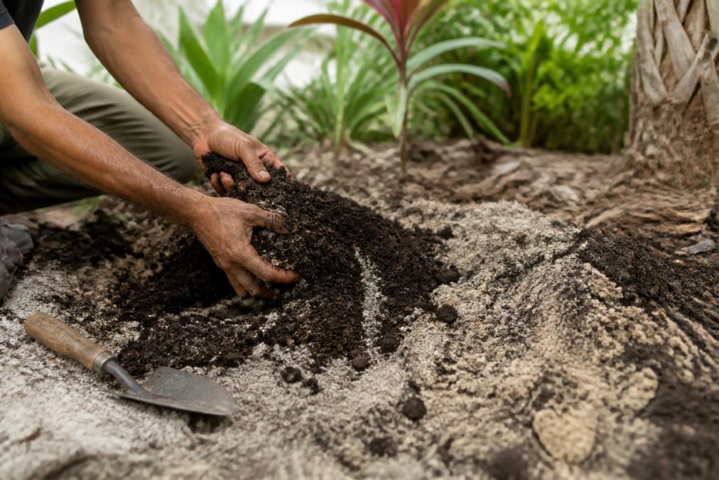 A gardener's hands mixing dark compost into light sandy soil in a garden bed, with tropical plants and a small trowel nearby