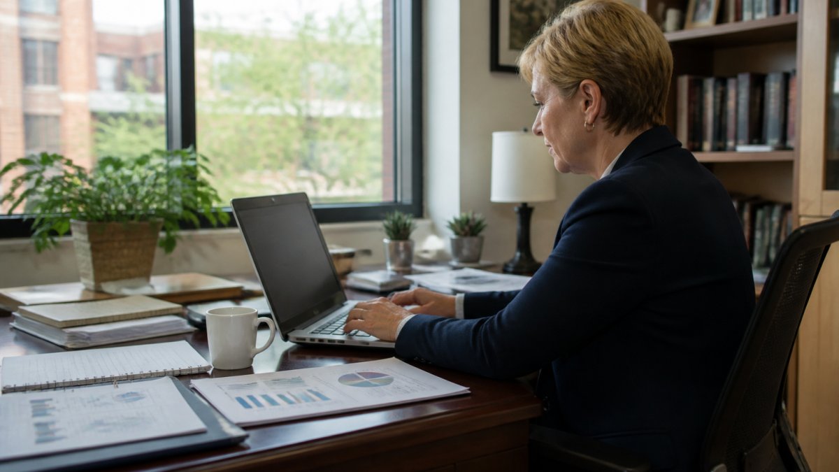 University administrator reviewing student retention data on a laptop in a bright campus office.