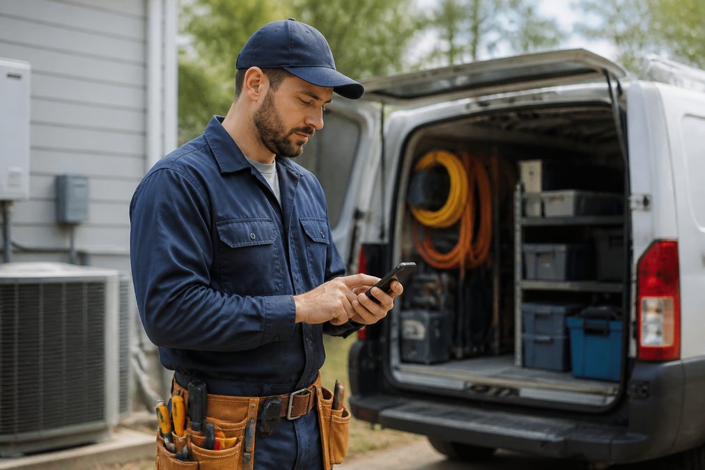 Field technician in work uniform checking mobile app on smartphone while standing at a job site with tools and equipment visible in the background, natural outdoor lighting