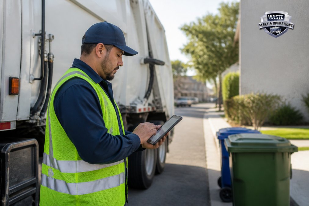 Waste truck driver reviewing route optimization on tablet device while standing beside collection vehicle, with residential bins visible in background