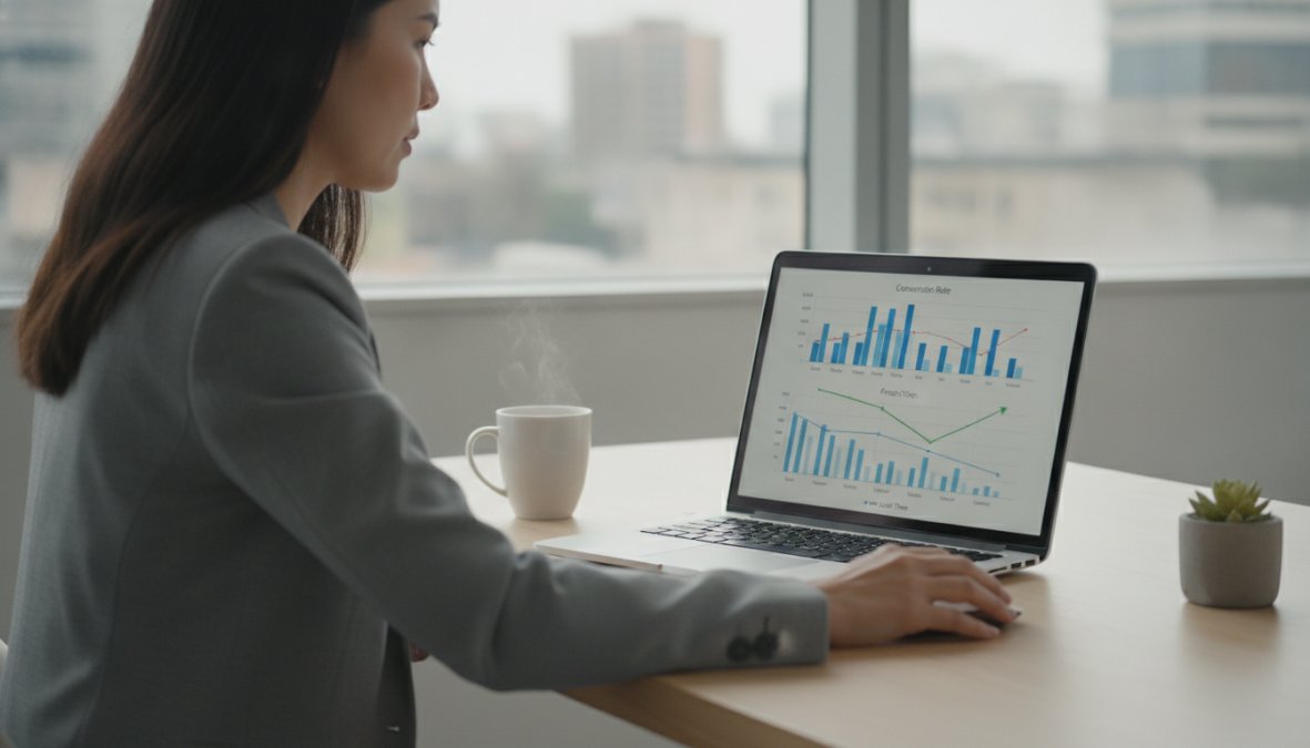 A business professional reviewing e-commerce analytics on a laptop at a clean modern desk, with visible performance graphs on screen and a cup of coffee beside the keyboard, photographed in warm natural morning light