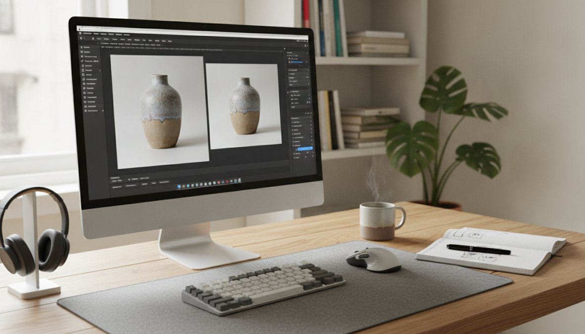 Close-up of hands editing product photos on a desktop computer in a bright, modern studio workspace, with image editing software visible on the screen and product samples arranged on the desk beside the keyboard
