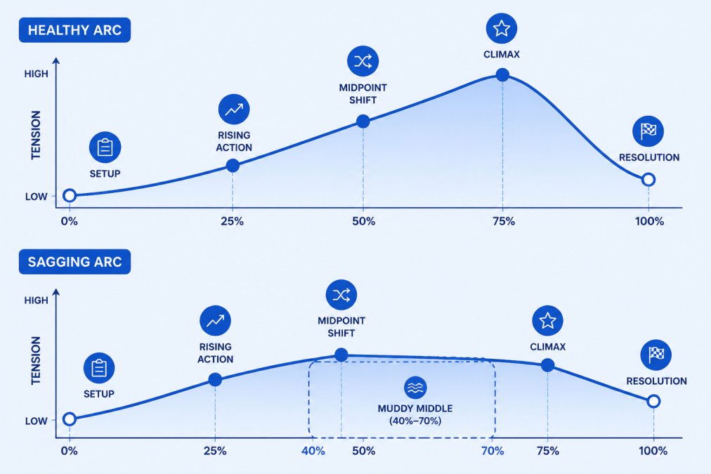 Story arc diagram comparing a healthy arc (setup, rising action, midpoint shift, climax, resolution) against a sagging arc where tension flattens between the 40% and 70% marks, with the muddy middle zone labelled