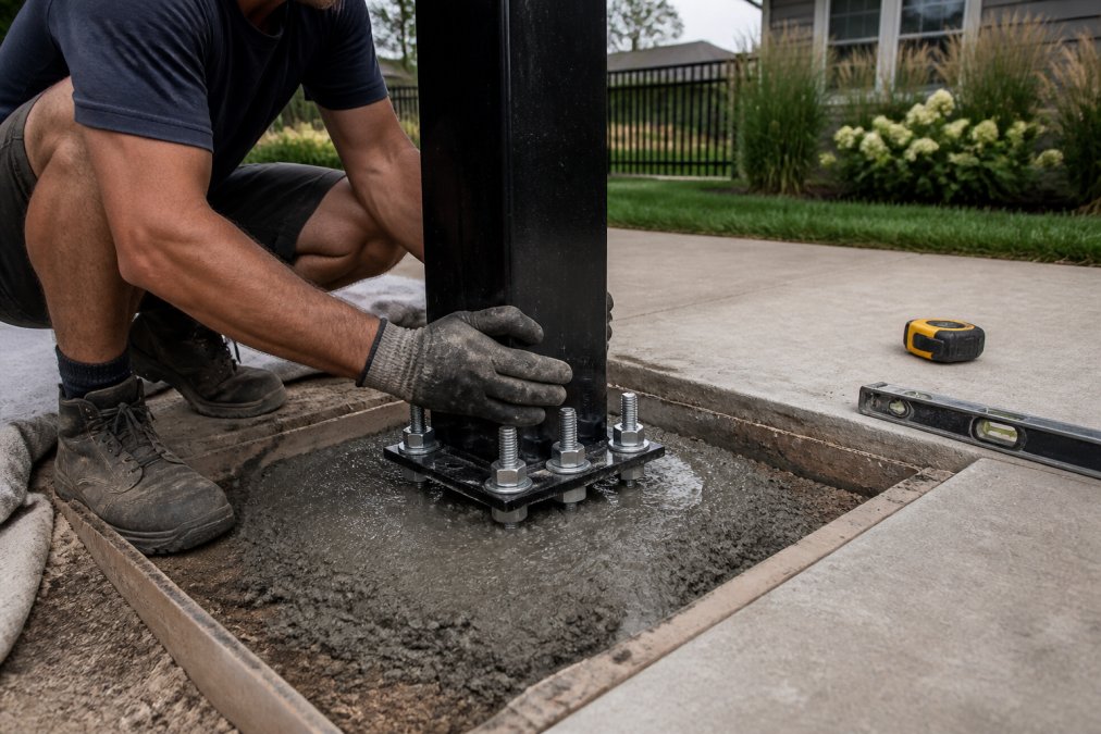 Close-up of concrete anchor bolts and steel pole base being installed into freshly poured concrete foundation in residential driveway with worker positioning the assembly