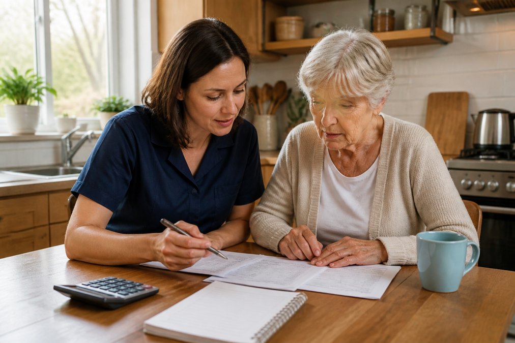 A professional female caregiver sitting beside an elderly woman at a kitchen table, reviewing care paperwork together in a warm, well-lit home kitchen with soft natural light coming through the window