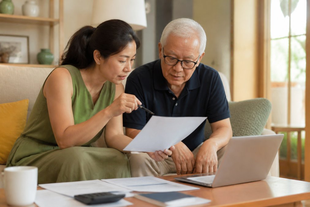An adult daughter and her elderly father sitting together on a couch, reviewing printed documents and a laptop screen, discussing financial planning in a comfortable, warmly lit living room