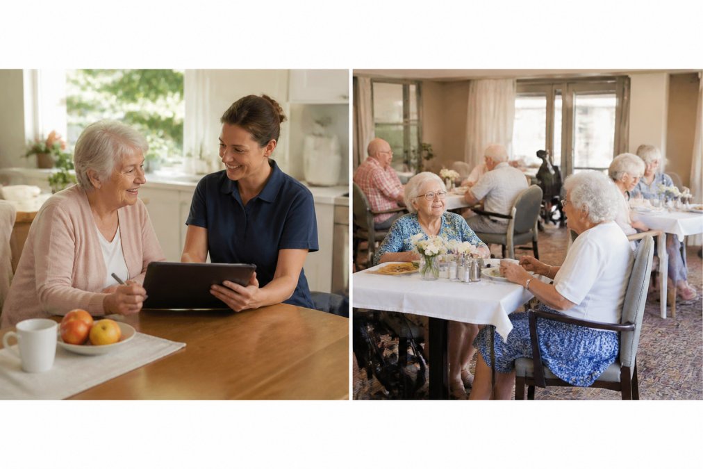 A warm scene of a professional caregiver sitting beside an elderly woman at a kitchen table, reviewing a care plan together in a bright, comfortable home setting, with soft natural light coming through the window
