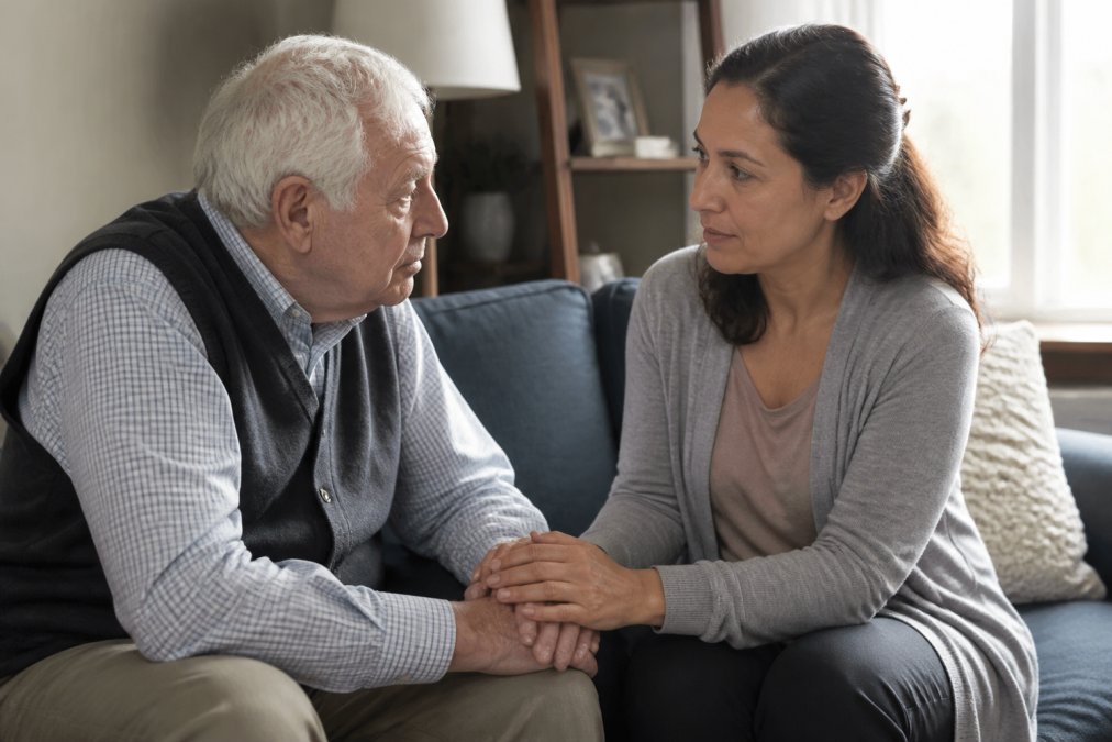 An adult daughter sitting with her elderly father in a softly lit living room, having a caring and attentive conversation, with the father's hands gently held by his daughter, suggesting a family discussion about future care options