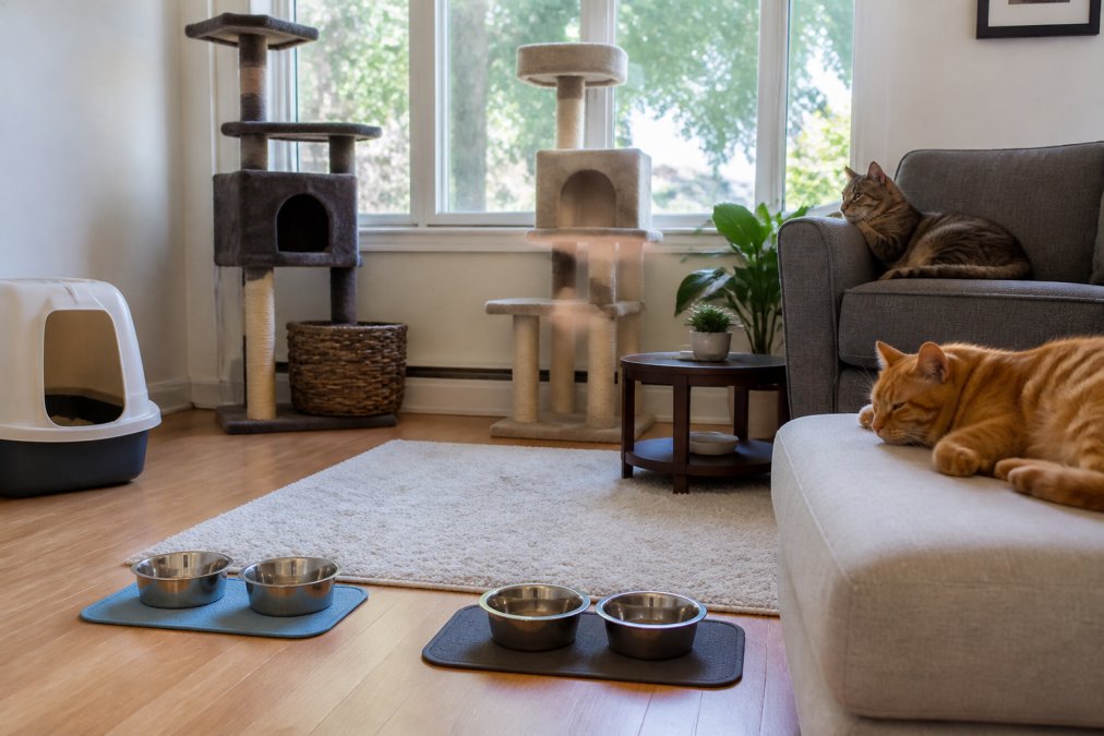 A bright living room with two cat trees by a large window, separate feeding bowls on individual mats across the floor, a covered litter box in the corner, and two cats resting on different pieces of furniture