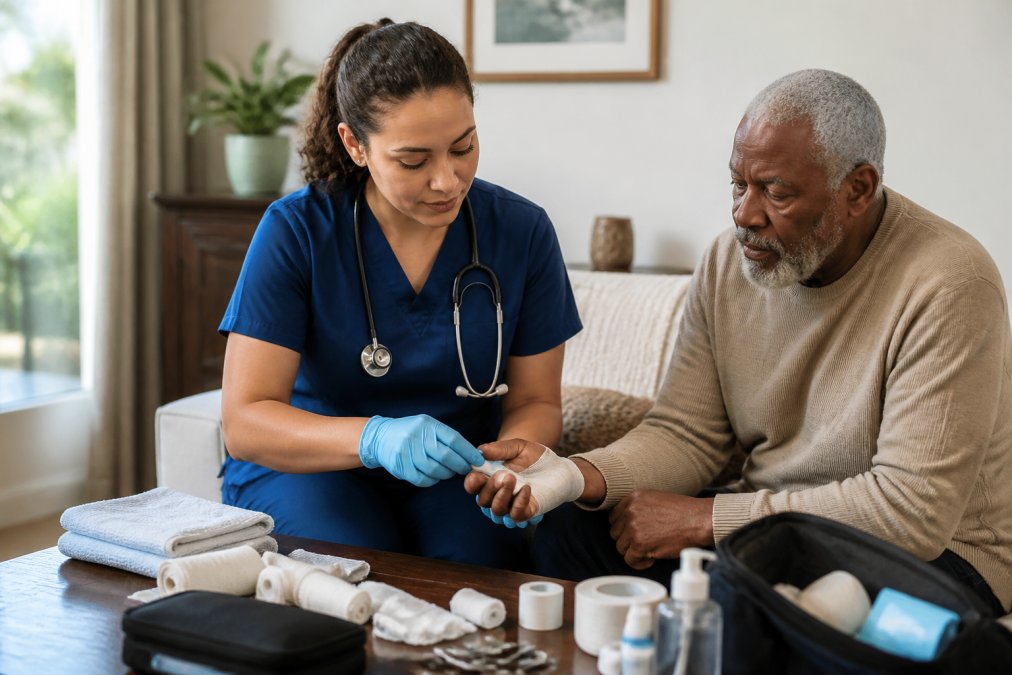 Professional nurse demonstrating in home nursing care for seniors in a bright, modern clinical setting.