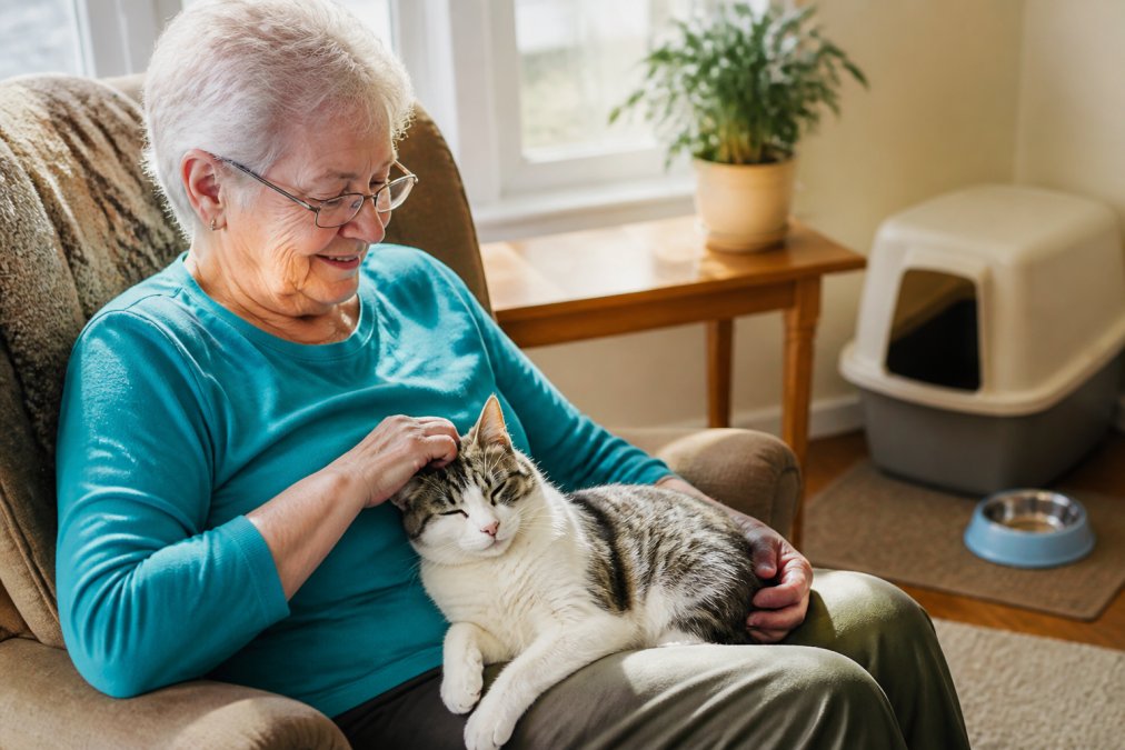 A senior woman sitting in a comfortable armchair, gently petting an older cat on her lap in a sunlit living room, with a clean litter box and food bowl visible in the background
