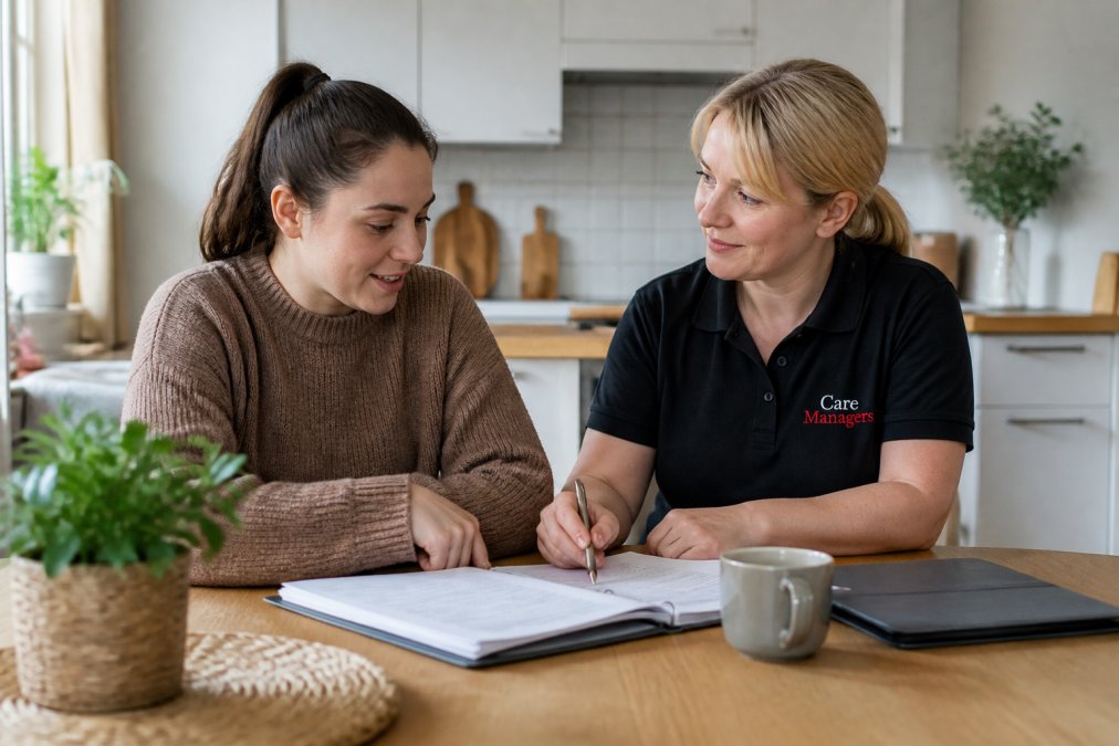 A young adult and a support worker sitting together at a kitchen table, reviewing paperwork and talking through a care plan in a bright, comfortable home setting