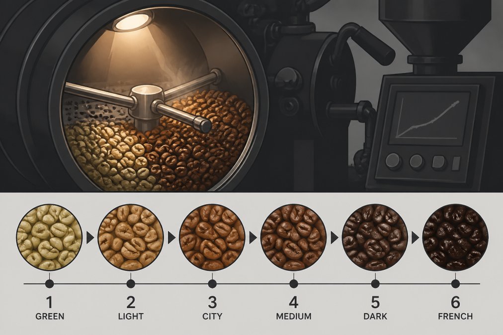 Close-up of coffee beans during roasting showing color progression from green to deep brown, with commercial roasting equipment visible in soft focus and warm roasting chamber light illuminating the beans