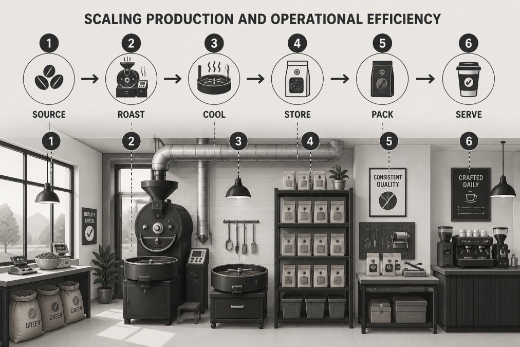 Interior view of a café with commercial roasting equipment positioned near organized workflow stations, showing ventilation systems overhead, bags of roasted beans ready for packaging on shelving, and natural light from windows illuminating the roasting area