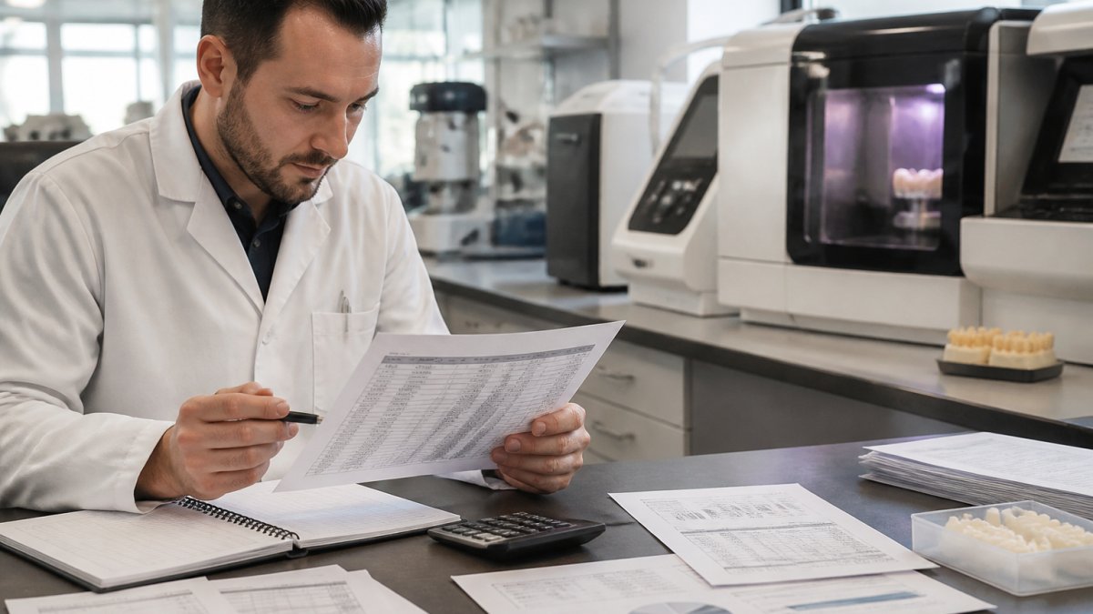 A dental technician in a clean lab coat reviewing a printed cost spreadsheet beside a CAD/CAM milling machine in a bright dental laboratory
