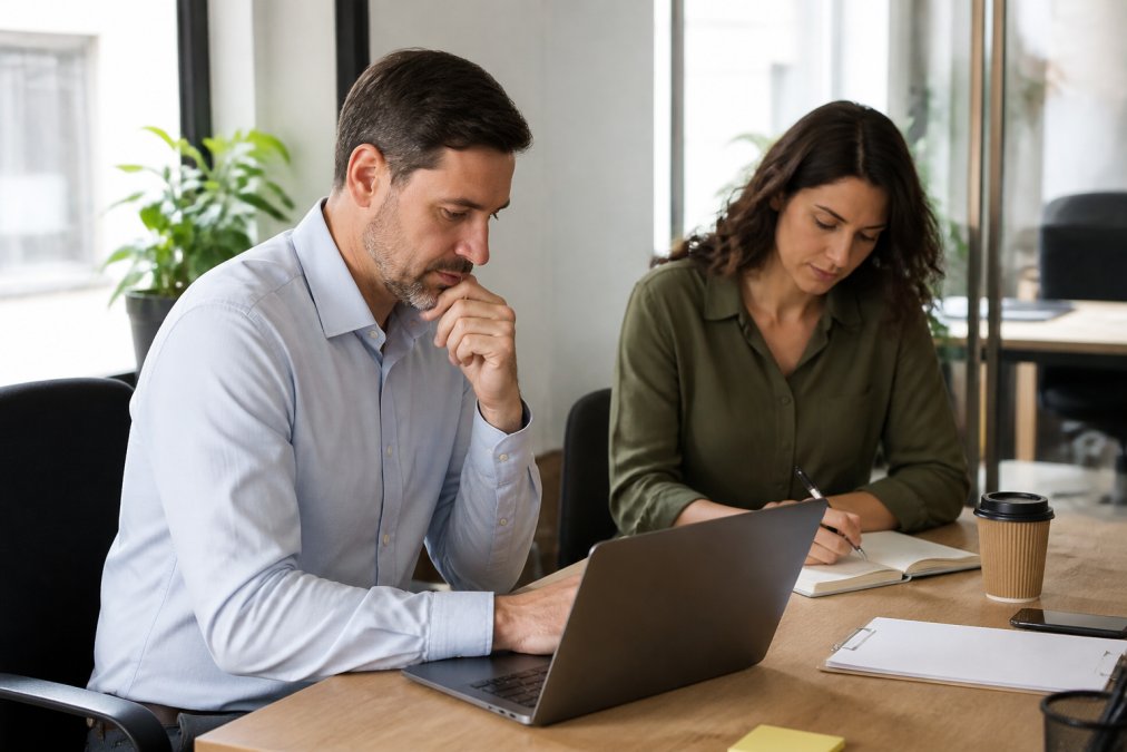 Sales manager and colleague reviewing a pipeline dashboard within an in-house sales team office environment