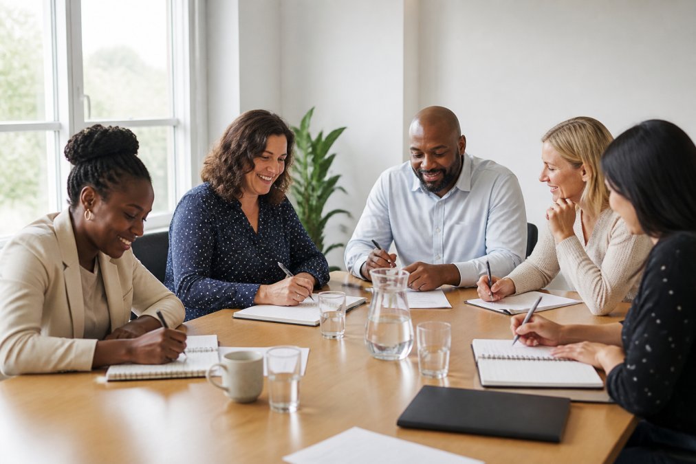 Diverse group of administrative staff engaged in a professional training session in a bright office meeting room, with participants taking notes and collaborating at a conference table