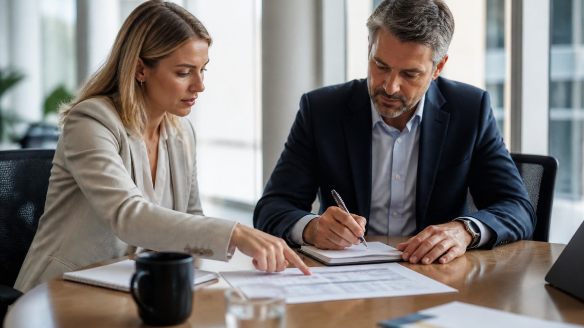 Two business professionals in a bright modern office reviewing a printed comparison sheet on a conference table, one pointing at the page while the other takes notes