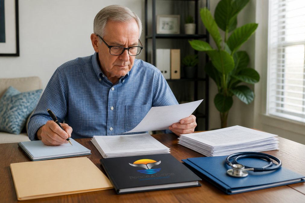Senior adult sitting at a table with insurance documents, medical records, and a notepad, preparing for a meeting with an insurance consultant