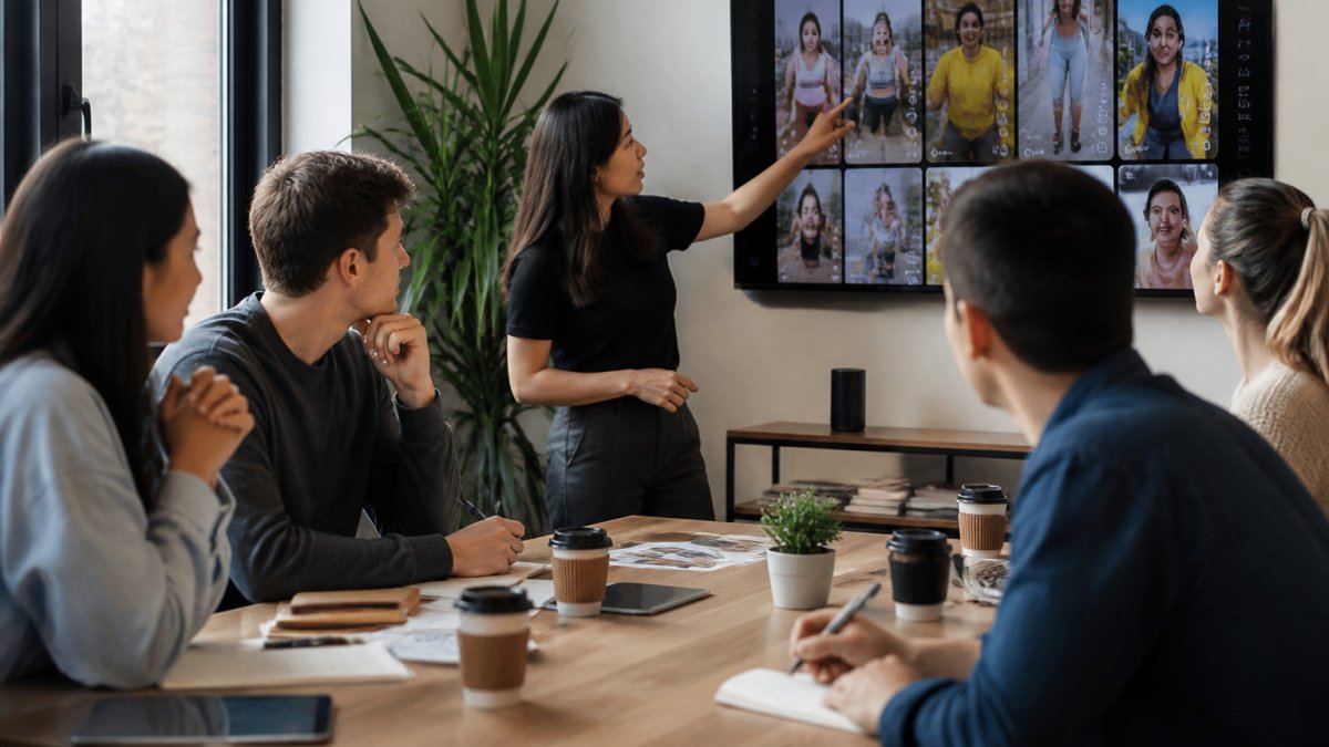 Professional team collaborating around a table with TikTok content displayed on multiple screens, reviewing creator performance metrics and campaign strategy in modern office setting