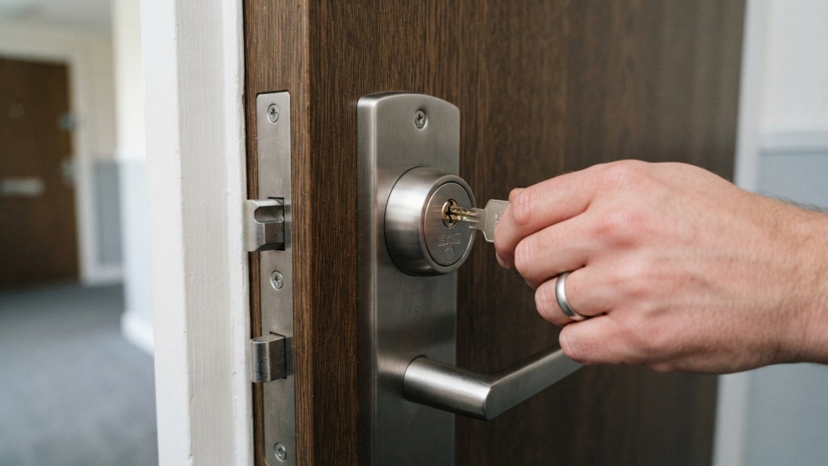 Close-up van een modern veiligheidsslot in een voordeur van een appartement, met een hand die de sleutel voorzichtig invoegt in het slot