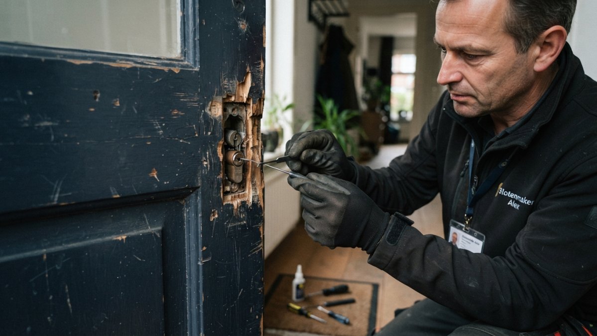 Professionele slotenmaker die voorzichtig met speciale gereedschappen aan een beschadigd voordeurslot werkt, close-up van handen en slot met focus op precisie en voorzichtigheid