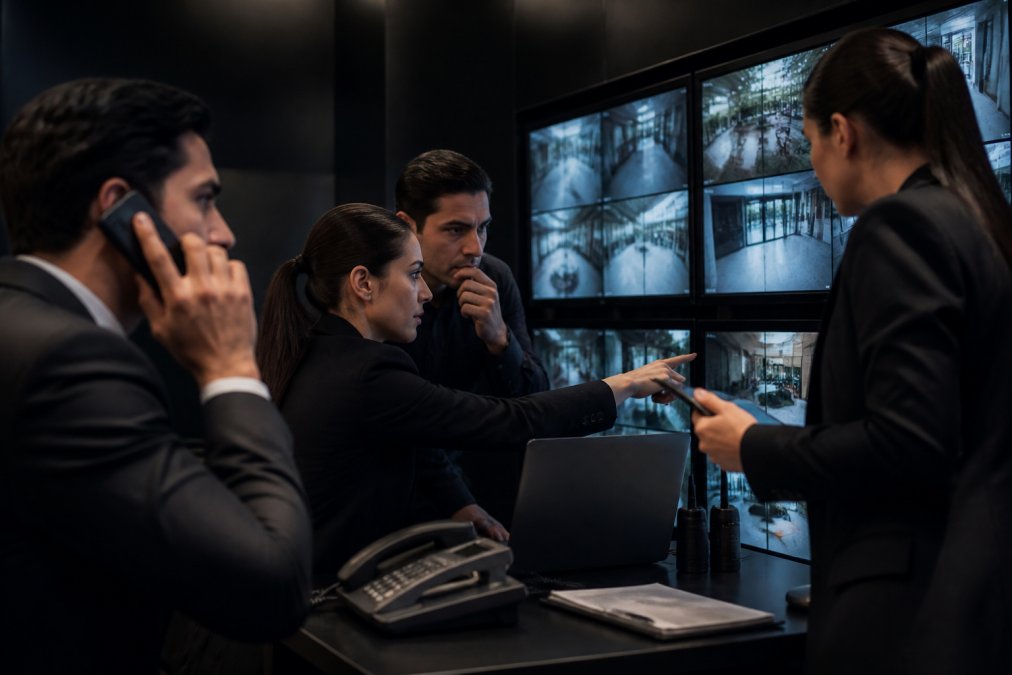Hotel security operations team monitoring multiple screens and coordinating incident response in a command center during an active security event