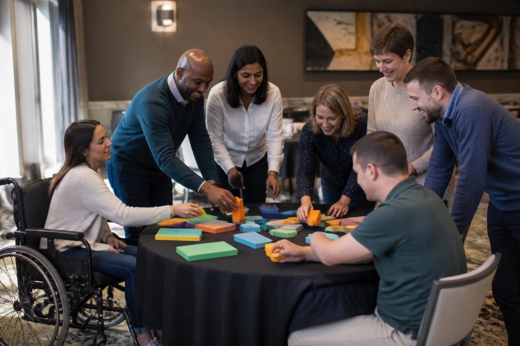 A diverse group of employees collaborating around a table during an indoor team building session, with some standing and others seated, showing inclusive participation and engagement