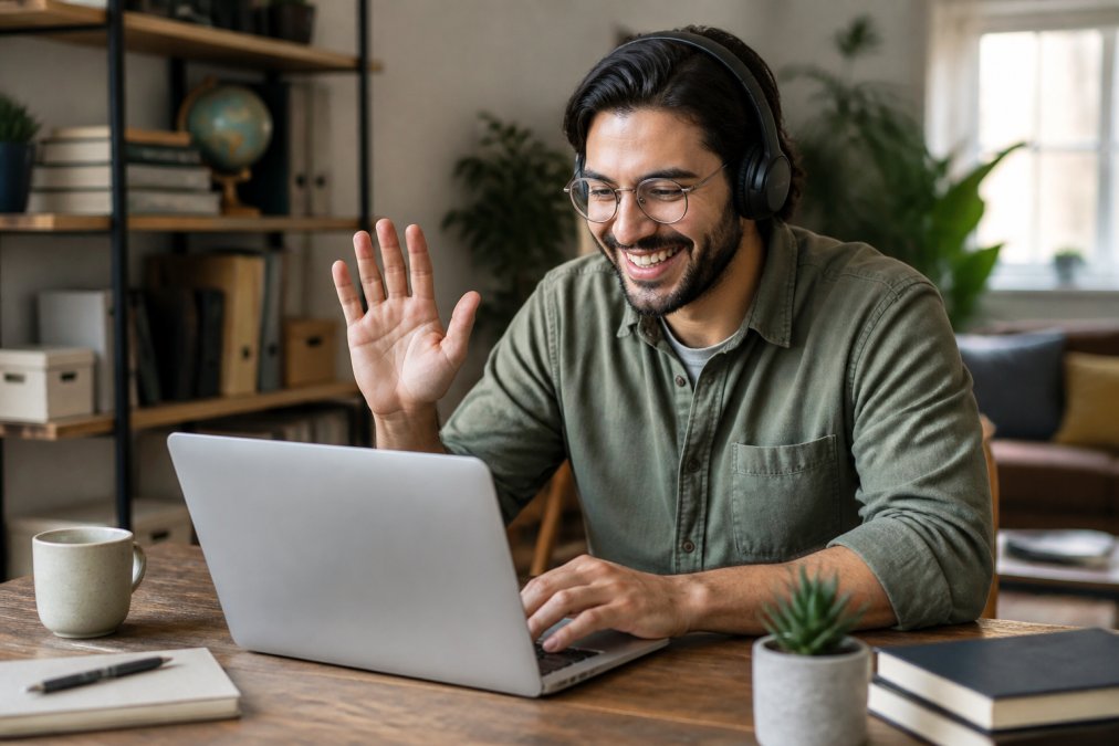 Employees on a video call from different home offices, smiling and engaged, demonstrating remote team connection and collaboration across distributed locations