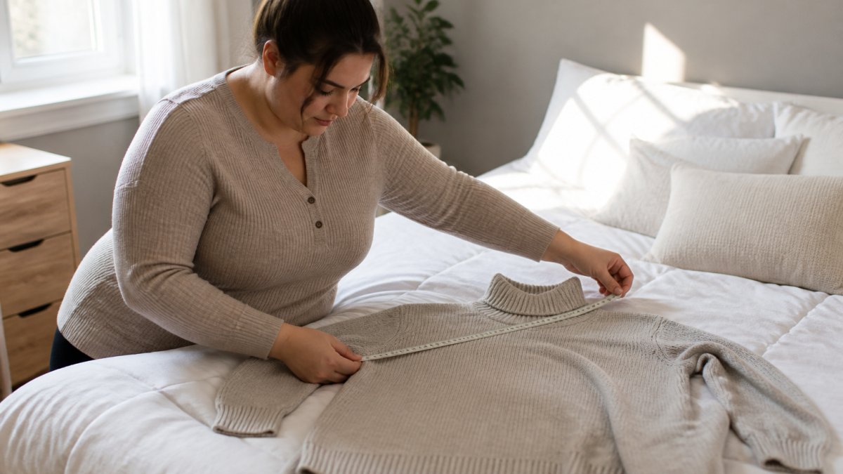 A curvy woman in her late twenties holding a measuring tape against a soft knit turtleneck sweater laid flat on a white bed, natural window light