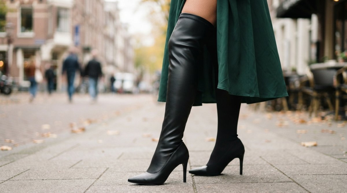 Woman's legs showing a black stretch faux leather boot sleeve pulled smoothly over a nude or black heel, creating a continuous line from thigh to heel with no visible gaps or bunching