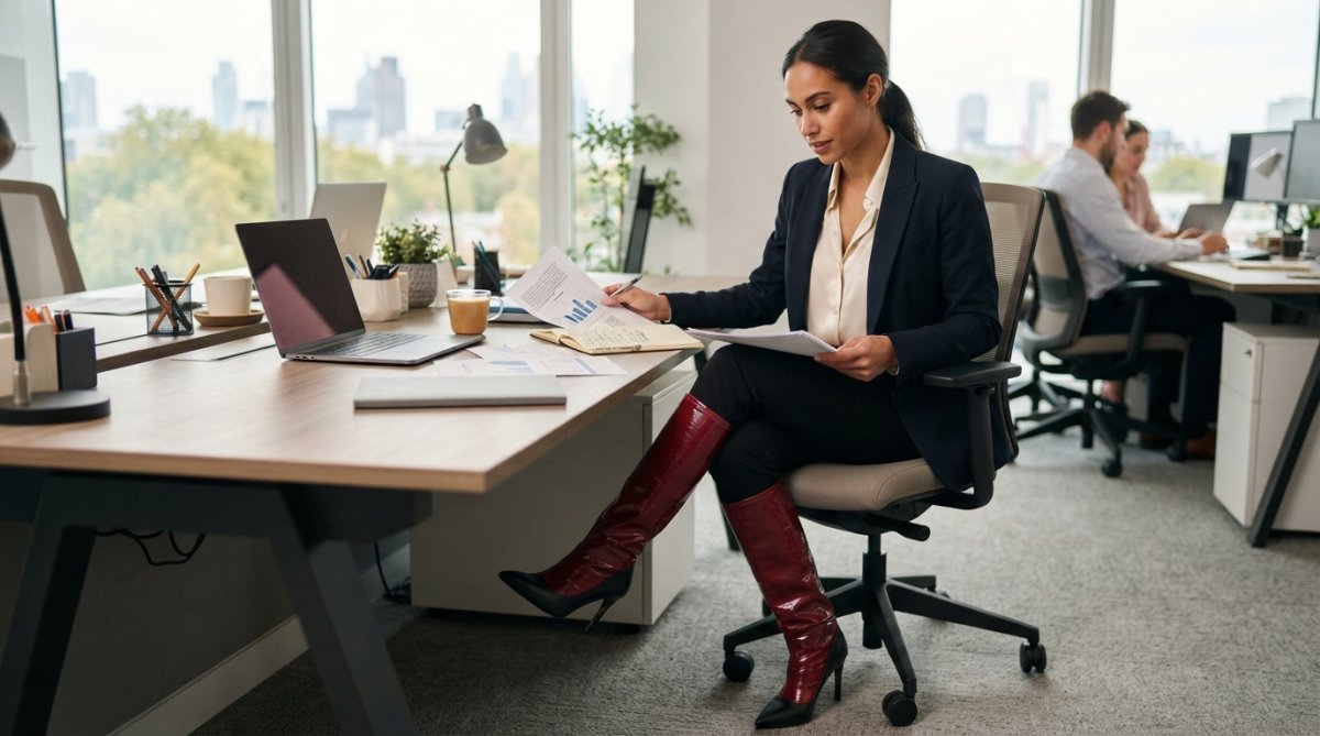Professional woman in business attire wearing a deep cherry red vinyl boot sleeve over black heels, seated at a modern office desk with natural window lighting, showcasing how boot sleeves elevate professional styling