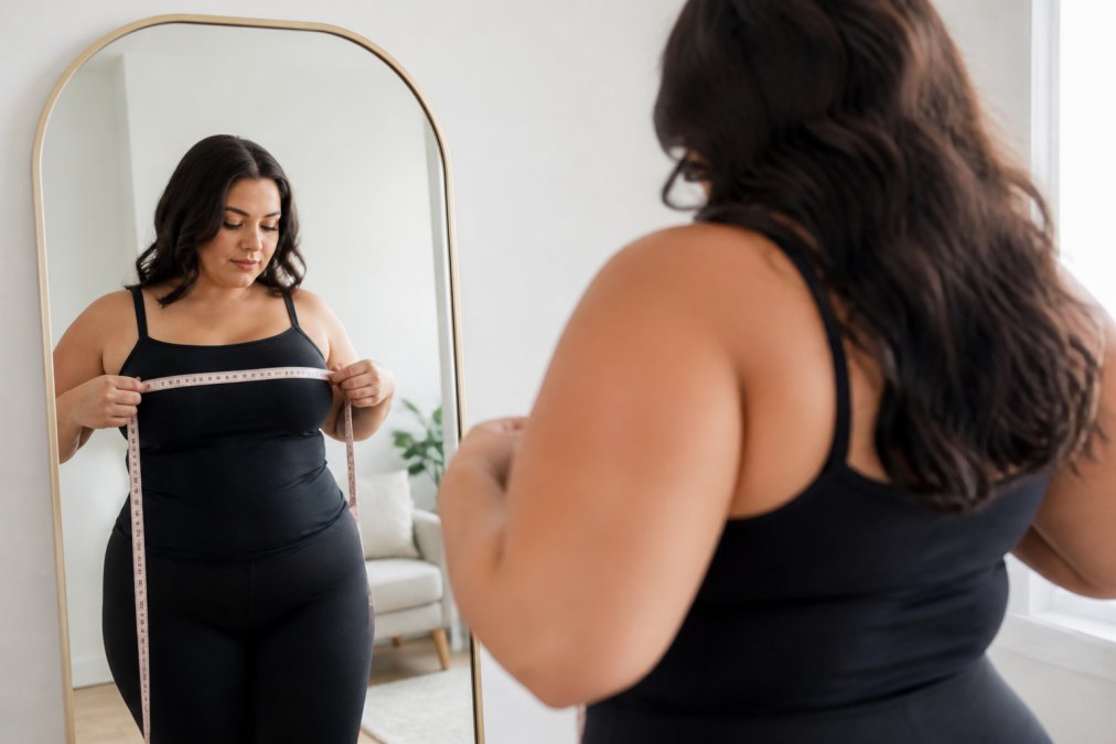 Woman measuring her bust with a soft measuring tape, standing in front of a mirror wearing fitted clothing, showing proper measurement technique with the tape positioned horizontally across the fullest part of her chest
