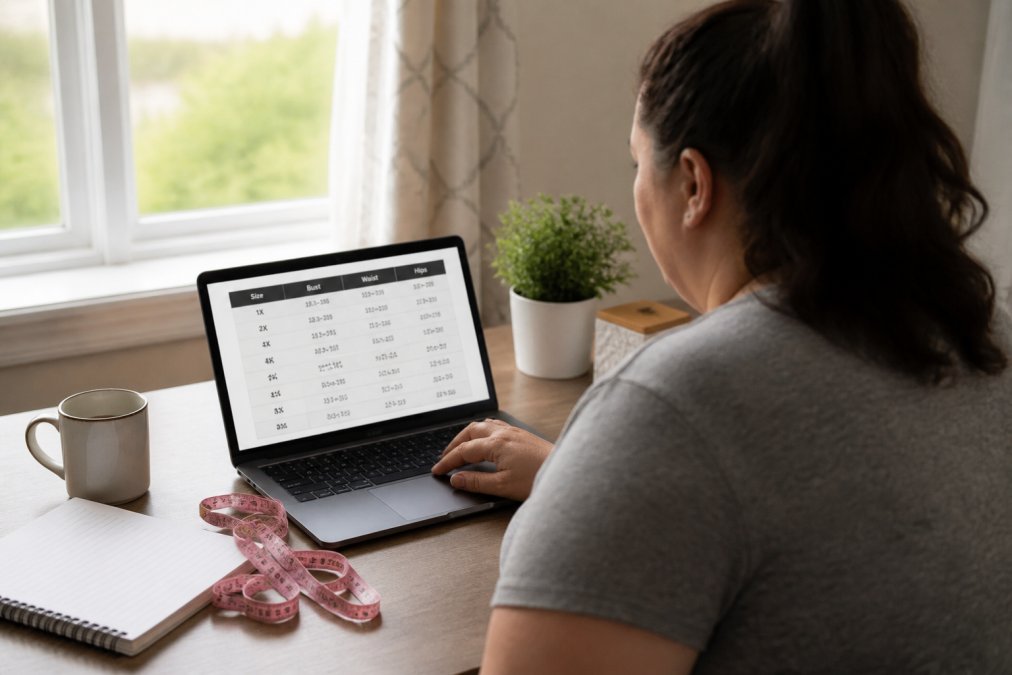Woman shopping on a laptop at home, reviewing a size chart on screen with a soft measuring tape and notebook nearby for reference, natural window lighting illuminating the workspace