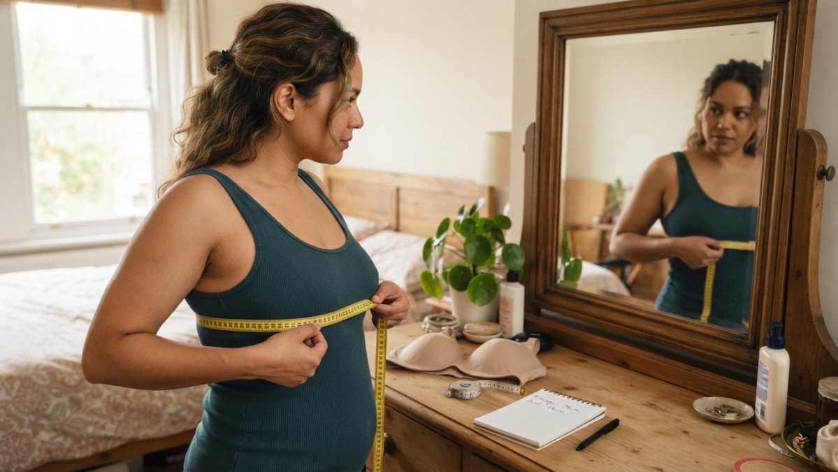 Woman using a soft measuring tape to find her bra size for inclusive sizing lingerie in a bright bedroom
