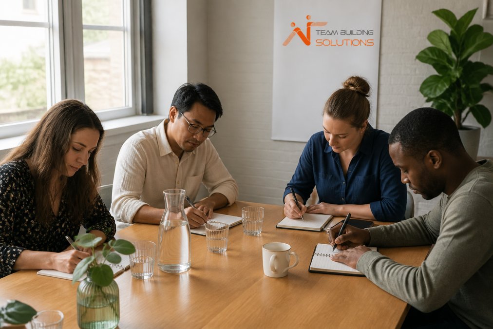 A small group of diverse colleagues working quietly at a table with notebooks and pens, focused on individual written tasks before group discussion, natural office lighting streaming through windows