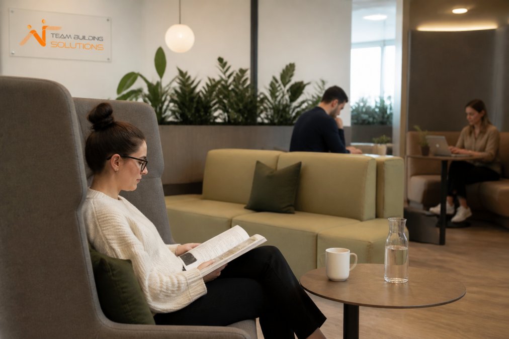 A modern office breakout space with comfortable seating, soft lighting, and quiet corners where employees can take time away from group activities, plants in the background