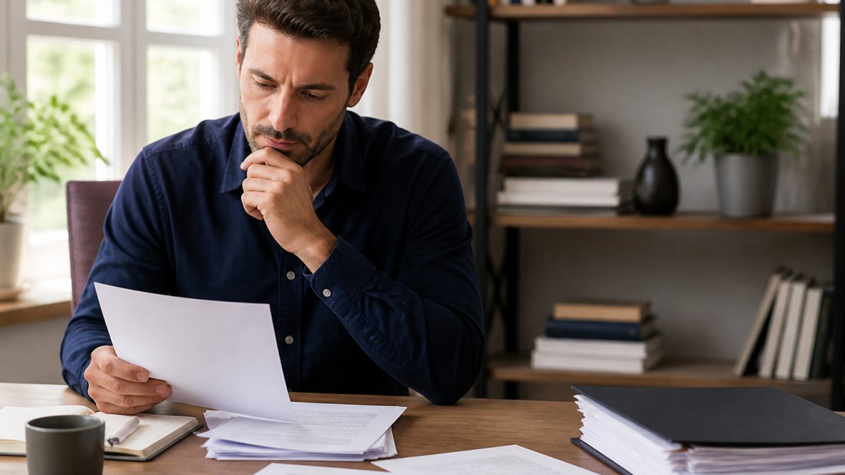 Professional sitting at desk reviewing personal data removal options on laptop screen, with privacy documents and notes scattered nearby