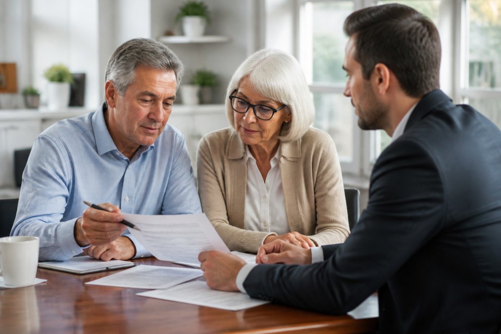 Professional mature couple reviewing retirement income plan documents with financial advisor at desk in modern office, natural window lighting