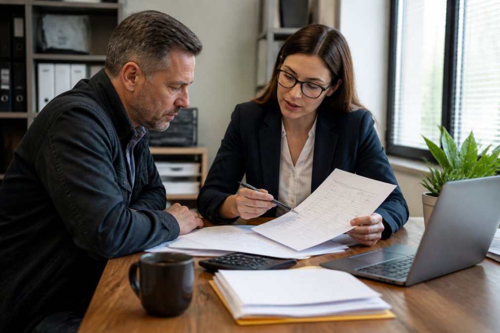 Small business owner and accountant reviewing documents for income tax filing at a desk with a laptop and coffee.