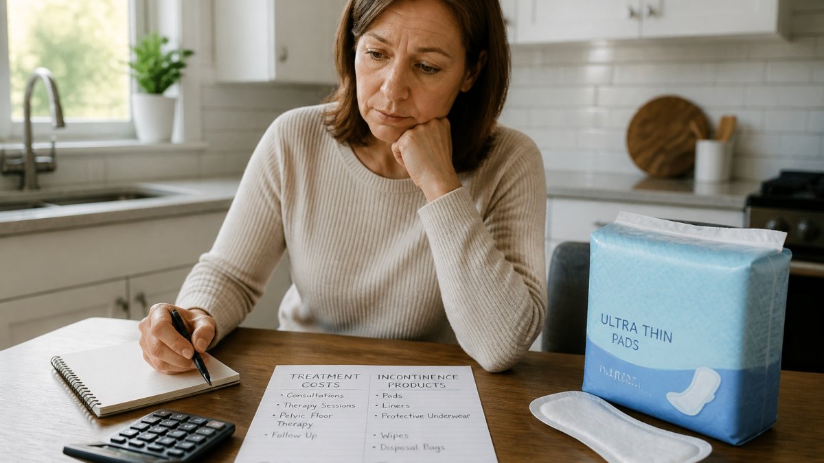 A woman sitting at a kitchen table with a notebook, calculator, and a box of incontinence pads, looking thoughtfully at a handwritten comparison list on paper in soft morning light